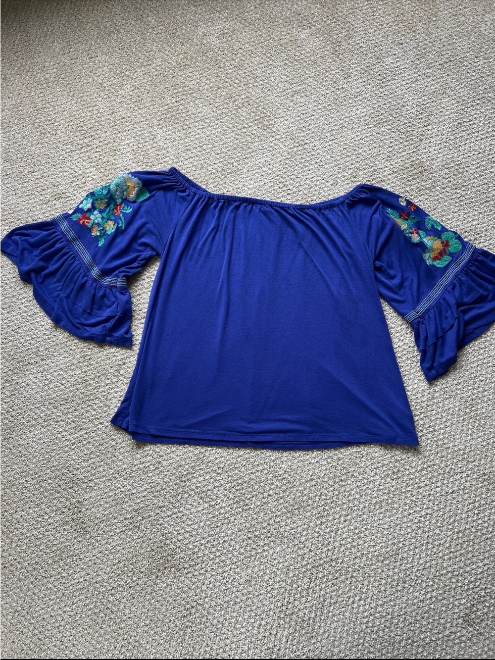 Altar'd State Royal Blue Off-Shoulder Embroidered Bell Sleeve Top